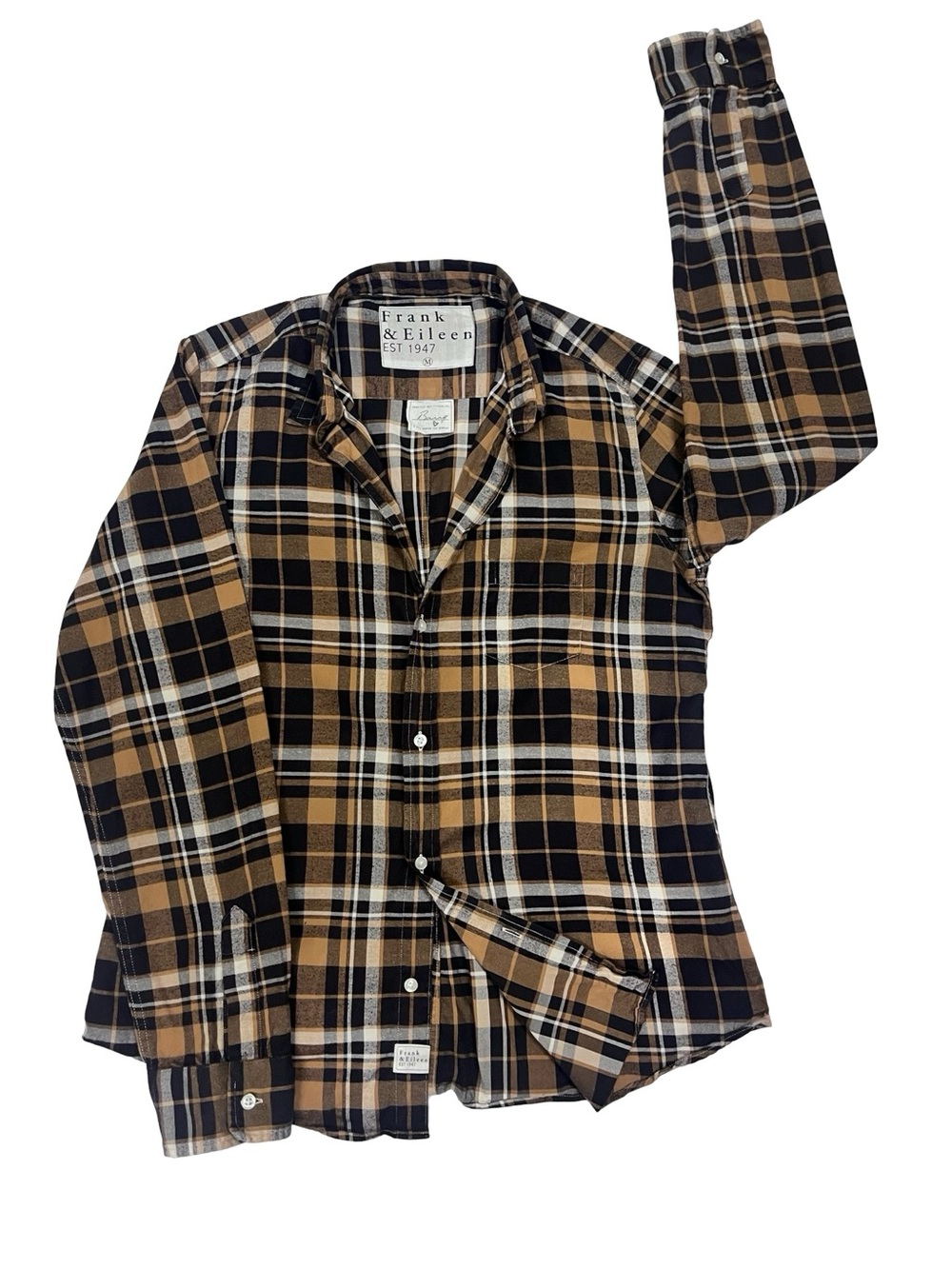Frank & Eileen Barry Flannel Shirt Sz M Brown Plaid Brushed Cotton Italy Classic